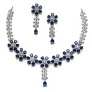 Rhodium-Plated Silver Toned Flower Navy Blue American Diamond Studded Necklace with Earrings Jewellery Set