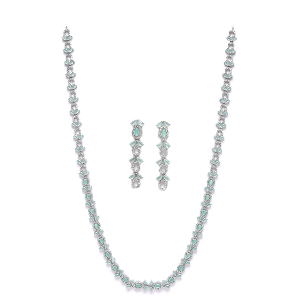 Rhodium-Plated Silver Toned Leaf Sea Green American Diamond Studded Long Necklace with Drop Earrings Jewellery Set