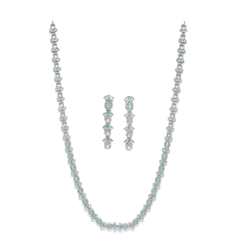 Rhodium-Plated Silver Toned Leaf Sea Green American Diamond Studded Long Necklace with Drop Earrings Jewellery Set