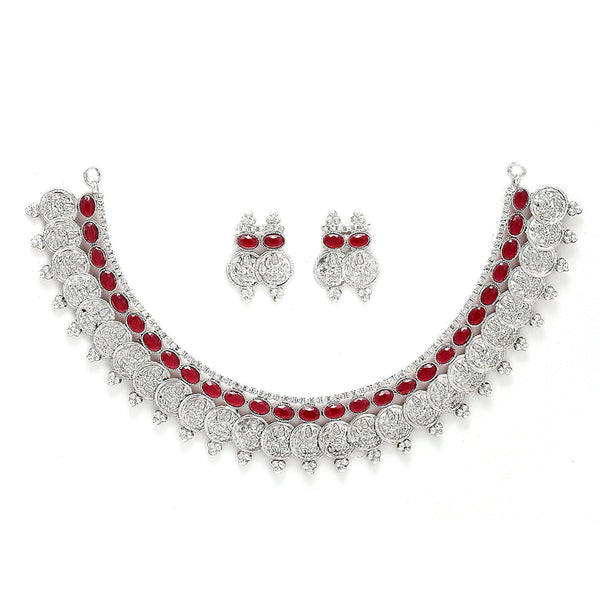 Temple Coin Rhodium-Plated with Silver-Tone Red Kundan-Studded  Jewellery Set