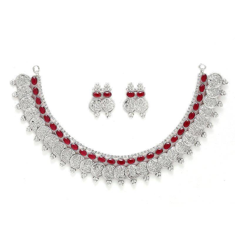 Temple Coin Rhodium-Plated with Silver-Tone Red Kundan-Studded  Jewellery Set