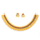 Traditional Temple Coin Red Green Small Choker Necklace With Earring