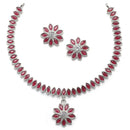 Oxidised Silver-Plated Flower & Leaf Red American Diamond Studded Necklace Earrings Jewellery Set