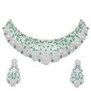 Rhodium-Plated Silver Toned Green American Diamond Choker Necklace with Earrings Jewellery Set