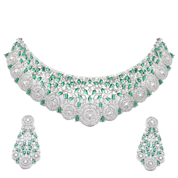 Rhodium-Plated Silver Toned Green American Diamond Choker Necklace with Earrings Jewellery Set