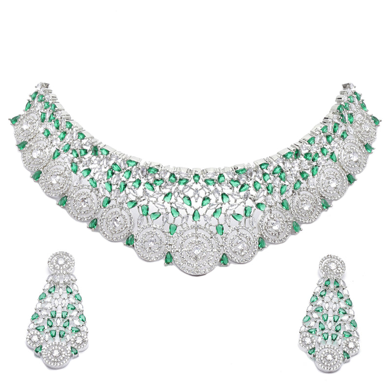 Rhodium-Plated Silver Toned Green American Diamond Choker Necklace with Earrings Jewellery Set