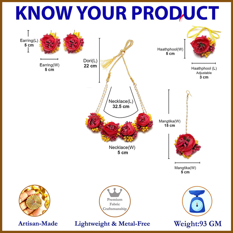 Gold-Plated Pink Floral White Pearls Beaded Haldi & Mehendi Jewellery Set with Maang Tikka & Haathphool