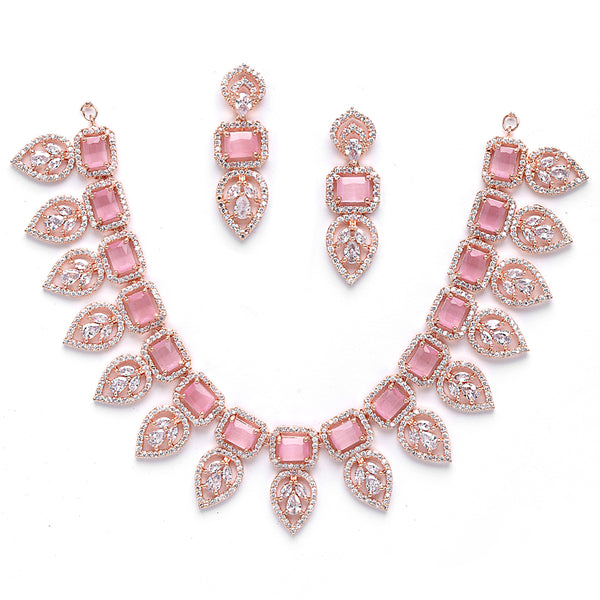 Rose Gold Plated Teardrop Shaped Floral Design & Pink Square AD Studded Necklace Set With Drop Earrings