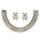 Rhodium-Plated with Oxidised Silver-Plated White Artificial Beads Studded & Temple Coin Jewellery Set