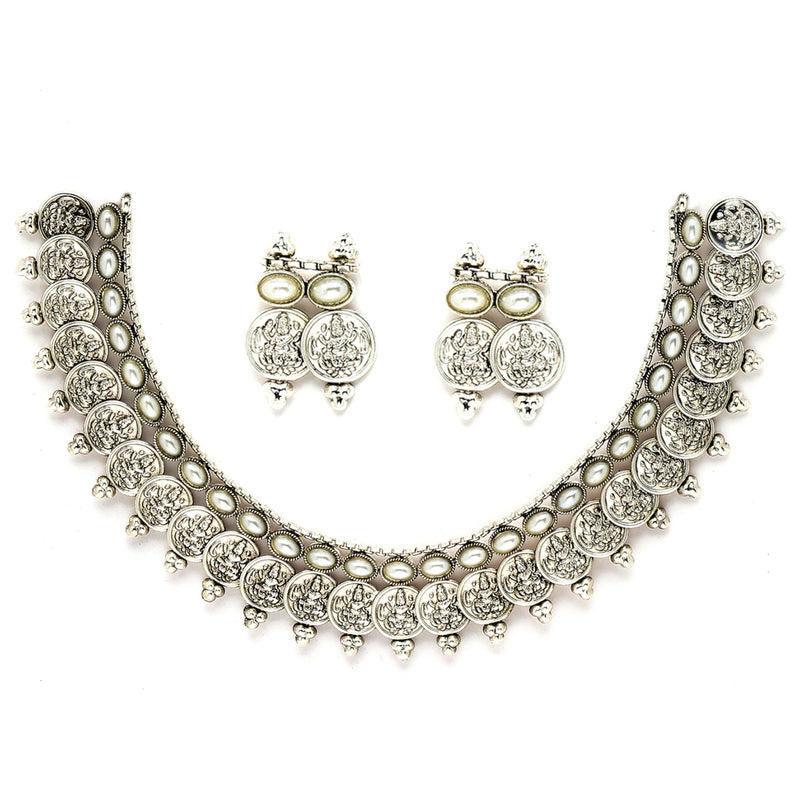 Rhodium-Plated with Oxidised Silver-Plated White Artificial Beads Studded & Temple Coin Jewellery Set