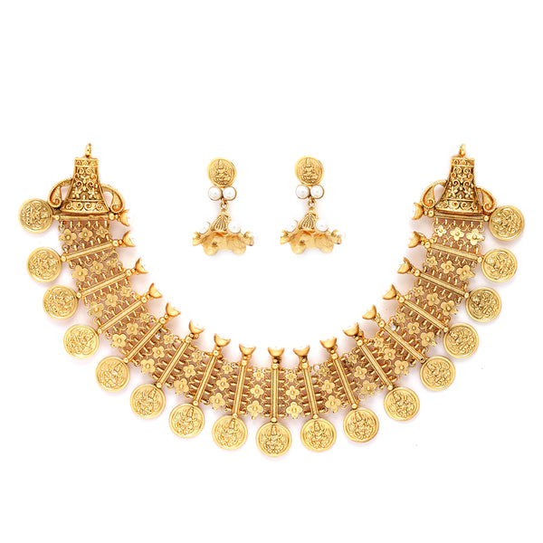 Gold-Plated Lakshmi Coin Necklace with White Pearls Studded and Beaded Jewellery Set