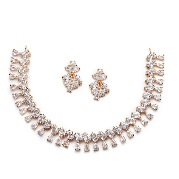 Gold-Plated Pear White American Diamond Studded Necklace with Earrings Jewellery Set