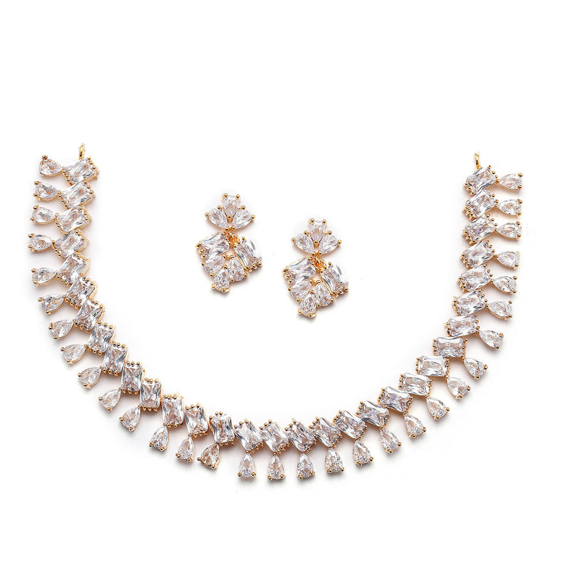 Gold-Plated Pear White American Diamond Studded Necklace with Earrings Jewellery Set