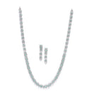 Rhodium-Plated Silver Toned Circular Sea Green American Diamond Long Necklace with Earrings Jewellery Set