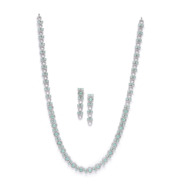 Rhodium-Plated Silver Toned Circular Sea Green American Diamond Long Necklace with Earrings Jewellery Set