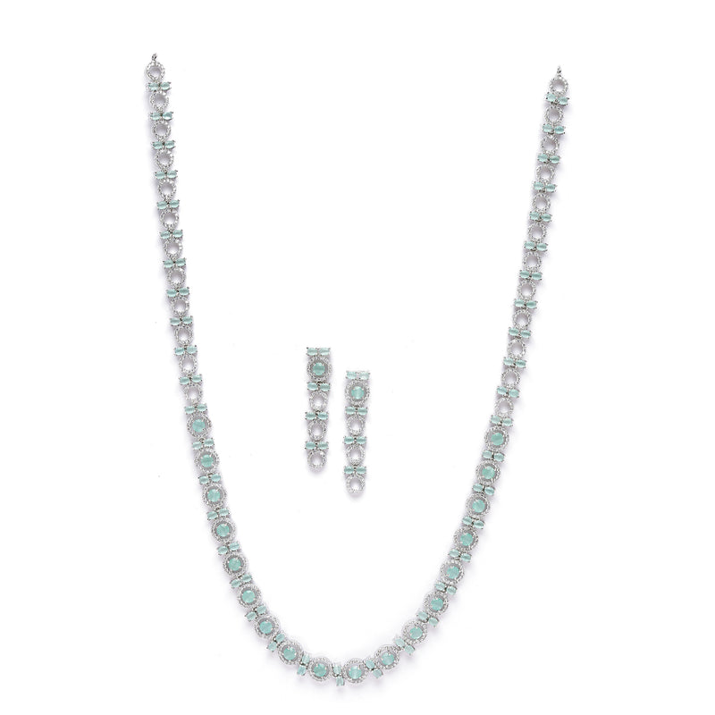 Rhodium-Plated Silver Toned Circular Sea Green American Diamond Long Necklace with Earrings Jewellery Set