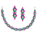 Rhodium-Plated with Silver-Tone Pink Blue White & Green American Diamond Studded Jewellery Set