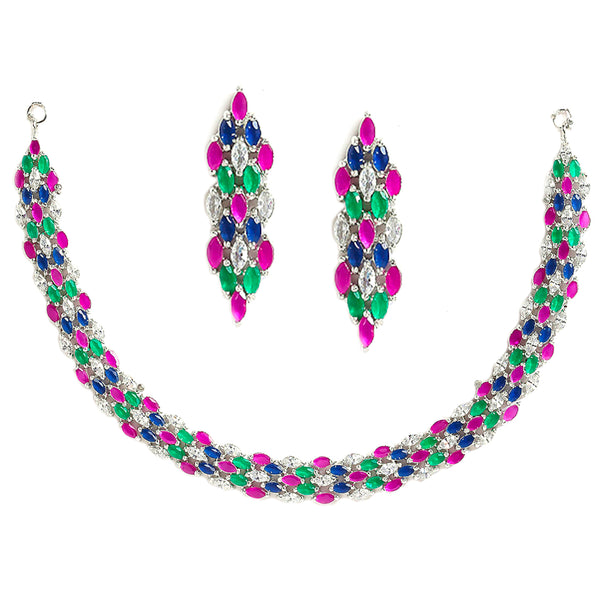 Rhodium-Plated with Silver-Tone Pink Blue White & Green American Diamond Studded Jewellery Set
