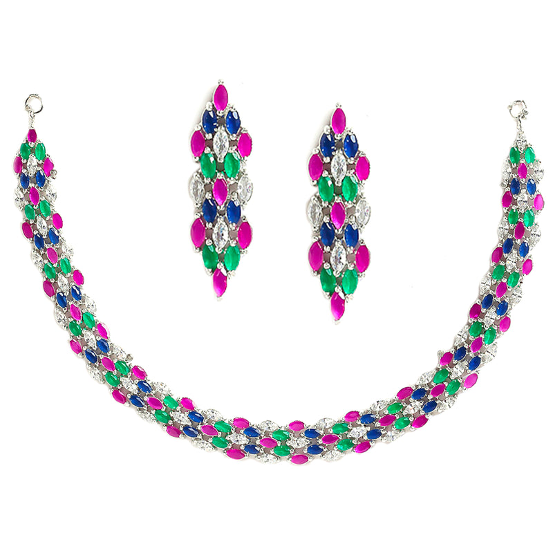 Rhodium-Plated with Silver-Tone Pink Blue White & Green American Diamond Studded Jewellery Set