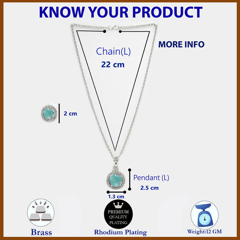 Rhodium Plated with Round Sea Green American Diamond Studded Pendant Set