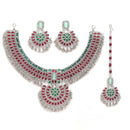 Rhodium-Plated with Silver-Tone Red and Green Kundan-Studded Meenakari Jewellery Set