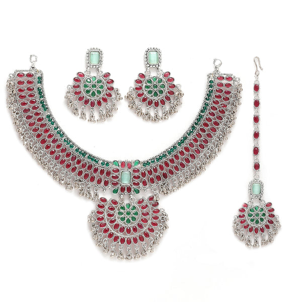 Rhodium-Plated with Silver-Tone Red and Green Kundan-Studded Meenakari Jewellery Set