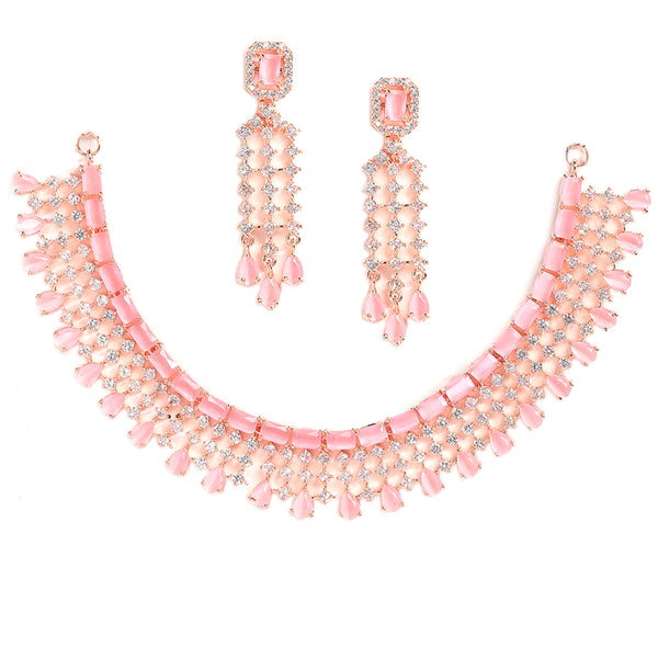 Rose Gold-Plated Pink & White AD-Studded Contemporary Jewellery Set