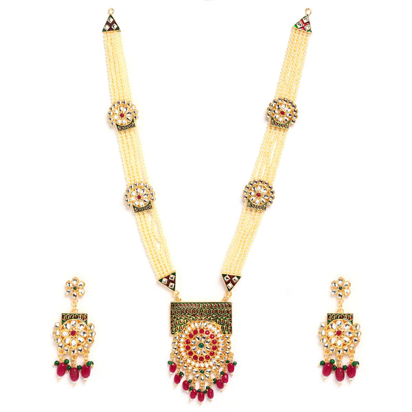 Meenakari White Red and Green Gold-Plated Meenakari & Kundan Studded Pearl Layered Jewellery Set