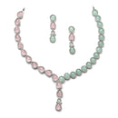 Oxidised Silver-Plated Pink-Lime Green American Diamond Studded Necklace with Earring Jewellery Set