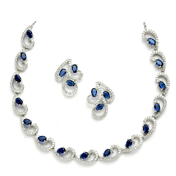 Rhodium-Plated with Silver-Toned Navy Blue and White Cubic Zirconia & American Diamond studded Necklace and Drop Earrings Jewellery Set