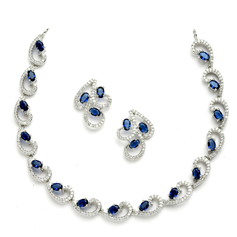 Rhodium-Plated with Silver-Toned Navy Blue and White Cubic Zirconia & American Diamond studded Necklace and Drop Earrings Jewellery Set