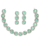 Rhodium-Plated with Silver-Toned Circular Shape Sea Green and White American Diamond Studded Jewellery Set
