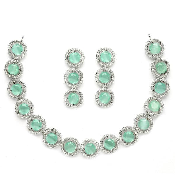 Rhodium-Plated with Silver-Toned Circular Shape Sea Green and White American Diamond Studded Jewellery Set