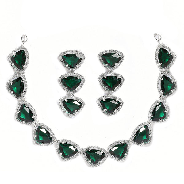 Rhodium-Plated with Silver-Tone Handcrafted Green American Diamond Studded Triangular Jewellery Set