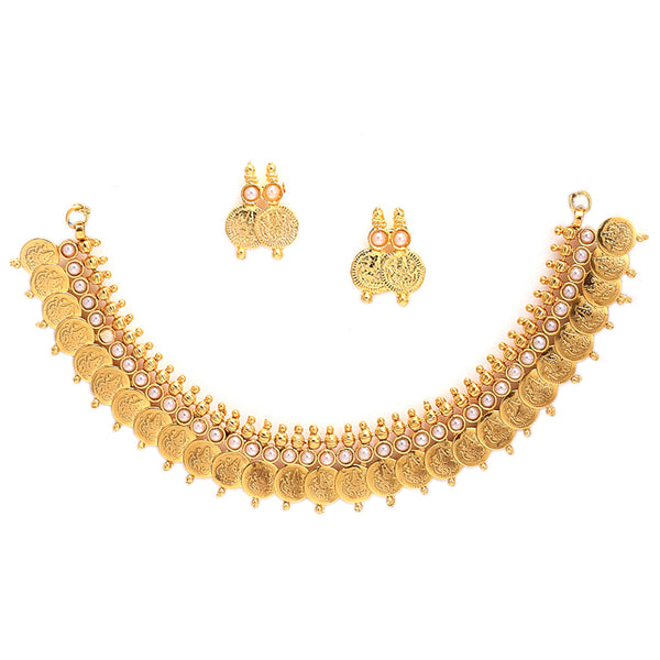 Traditional Temple Coin White Pearl Small Choker Necklace With Earring Jewellery
