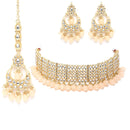 Meenakari Gold-Plated White & Peach-Coloured Kundan-Studded & Pearl Beaded Jewellery Set