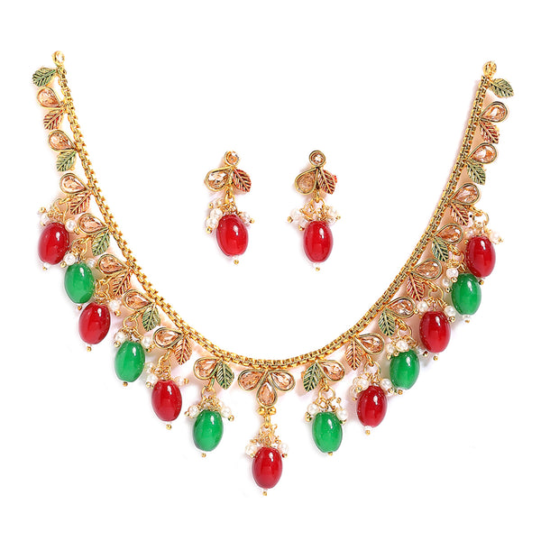Designer Meena Work Gold Plated Necklace Set With Earrings