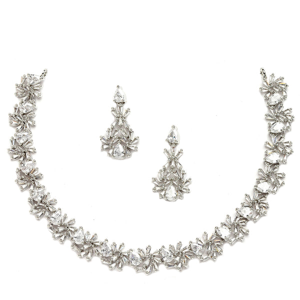 Rhodium-Plated with Silver-Toned Floral and Pear Design White American Diamond Studded Jewellery Set