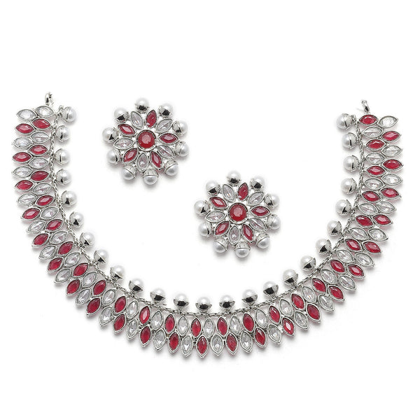 Oxidised Silver-Plated Red American Diamond & White Pearl Studded Necklace Earrings Jewellery Set