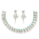 Rhodium-Plated with Silver-Toned Sea Green and White American Diamond Studded Embellish Statement Jewellery Set