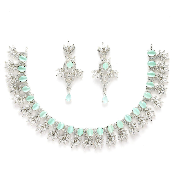 Rhodium-Plated with Silver-Toned Sea Green and White American Diamond Studded Embellish Statement Jewellery Set