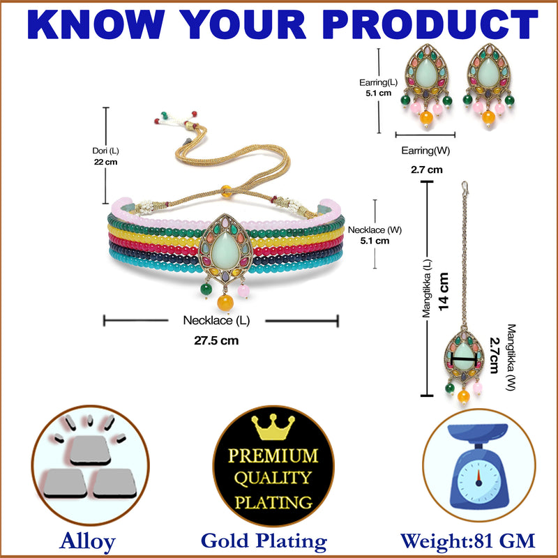 Gold-Plated Multi-Colour Artificial Stones and Beads Studded Jewellery Set