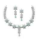 Rhodium-Plated Silver Toned Star Sea Green American Diamond Studded Necklace Earrings Jewellery Set