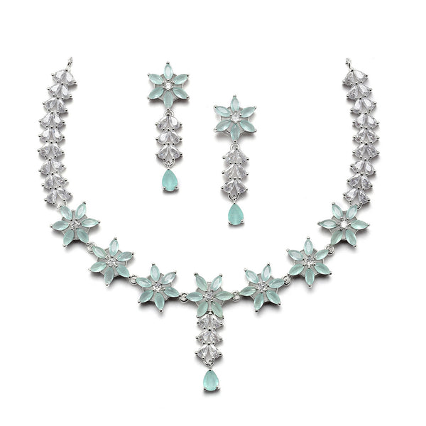 Rhodium-Plated Silver Toned Star Sea Green American Diamond Studded Necklace Earrings Jewellery Set