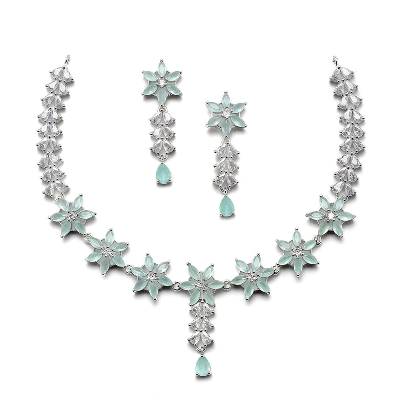 Rhodium-Plated Silver Toned Star Sea Green American Diamond Studded Necklace Earrings Jewellery Set
