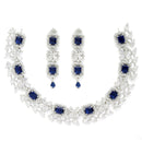 Rhodium-Plated with Silver-Toned Navy Blue and White American Diamond Studded Necklace and Earrings Jewellery Set