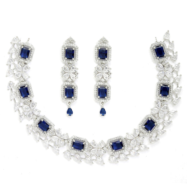Rhodium-Plated with Silver-Toned Navy Blue and White American Diamond Studded Necklace and Earrings Jewellery Set