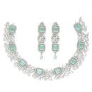 Rhodium-Plated with Silver-Toned Sea Green and White American Diamond Studded Necklace and Earrings Jewellery Set