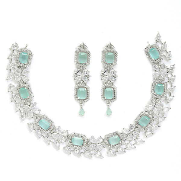 Rhodium-Plated with Silver-Toned Sea Green and White American Diamond Studded Necklace and Earrings Jewellery Set