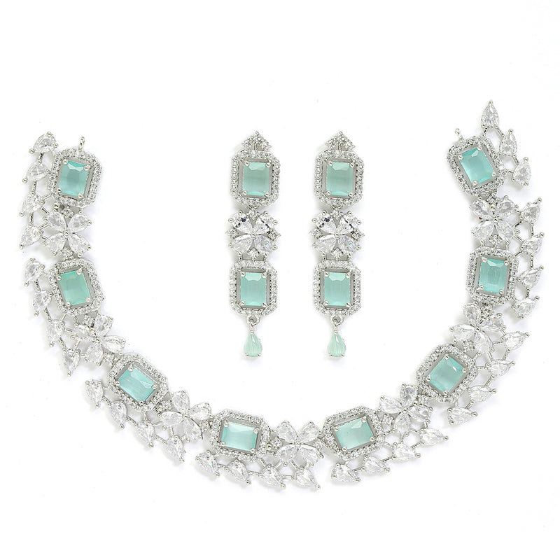 Rhodium-Plated with Silver-Toned Sea Green and White American Diamond Studded Necklace and Earrings Jewellery Set